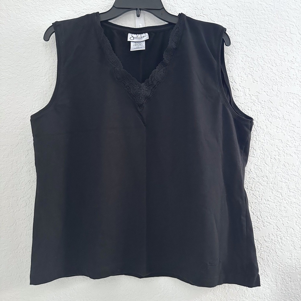 Jonathan Logan Sleeveless Top XXL Black‎ Cotton V-Neck Lace Trim Capsule Casual